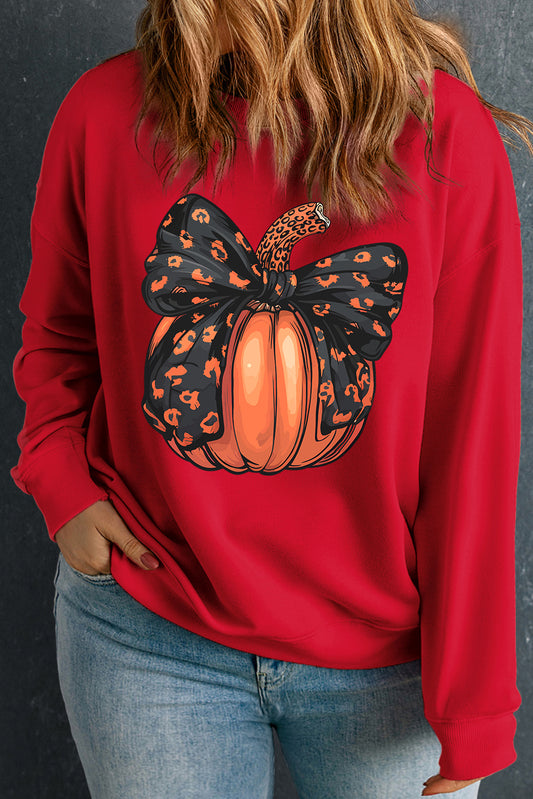 Racing Red Halloween Bow Knot Pumpkin Print Plus Size Sweatshirt