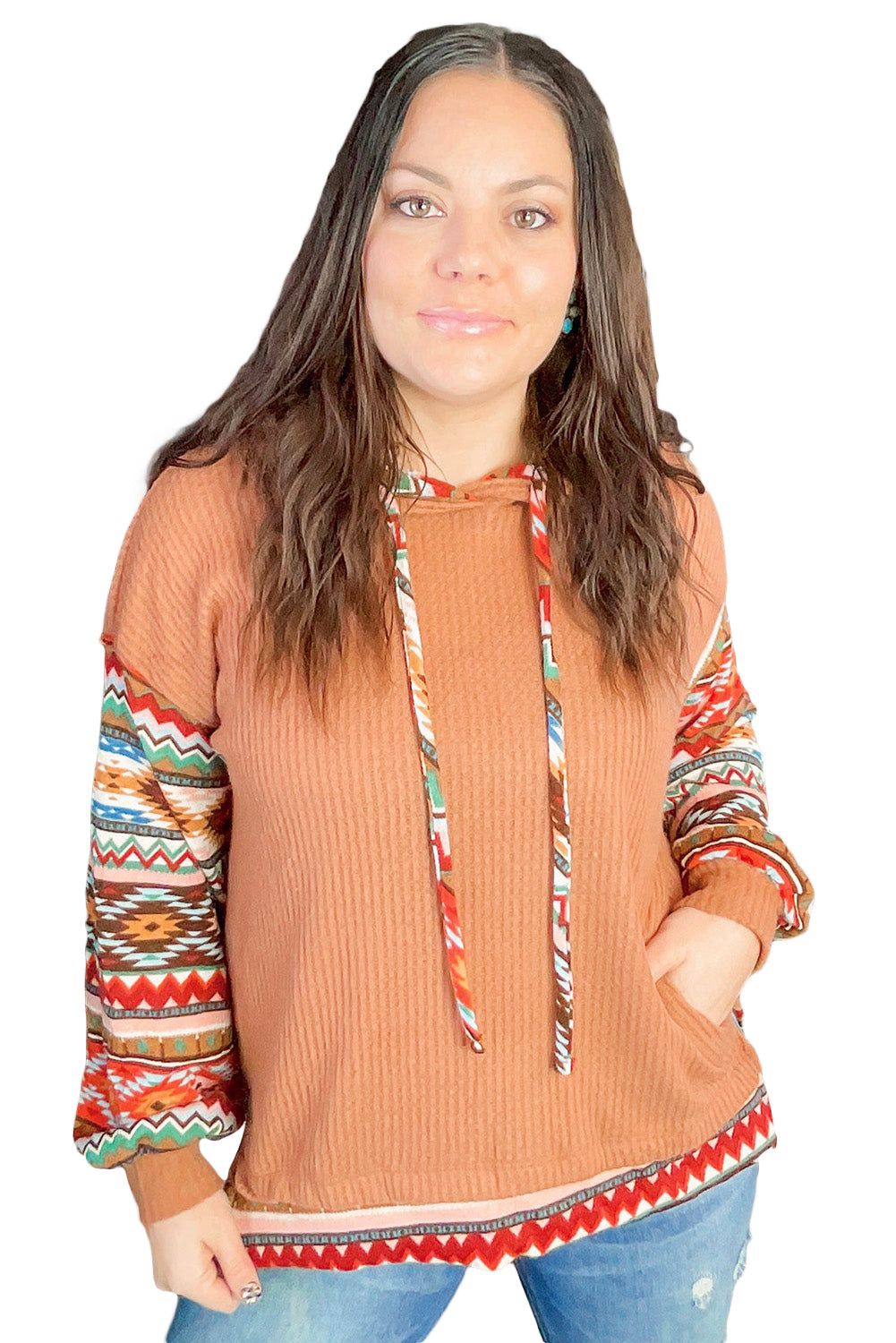 Khaki Geometric Patchwork Waffle Knit Plus Size Hoodie