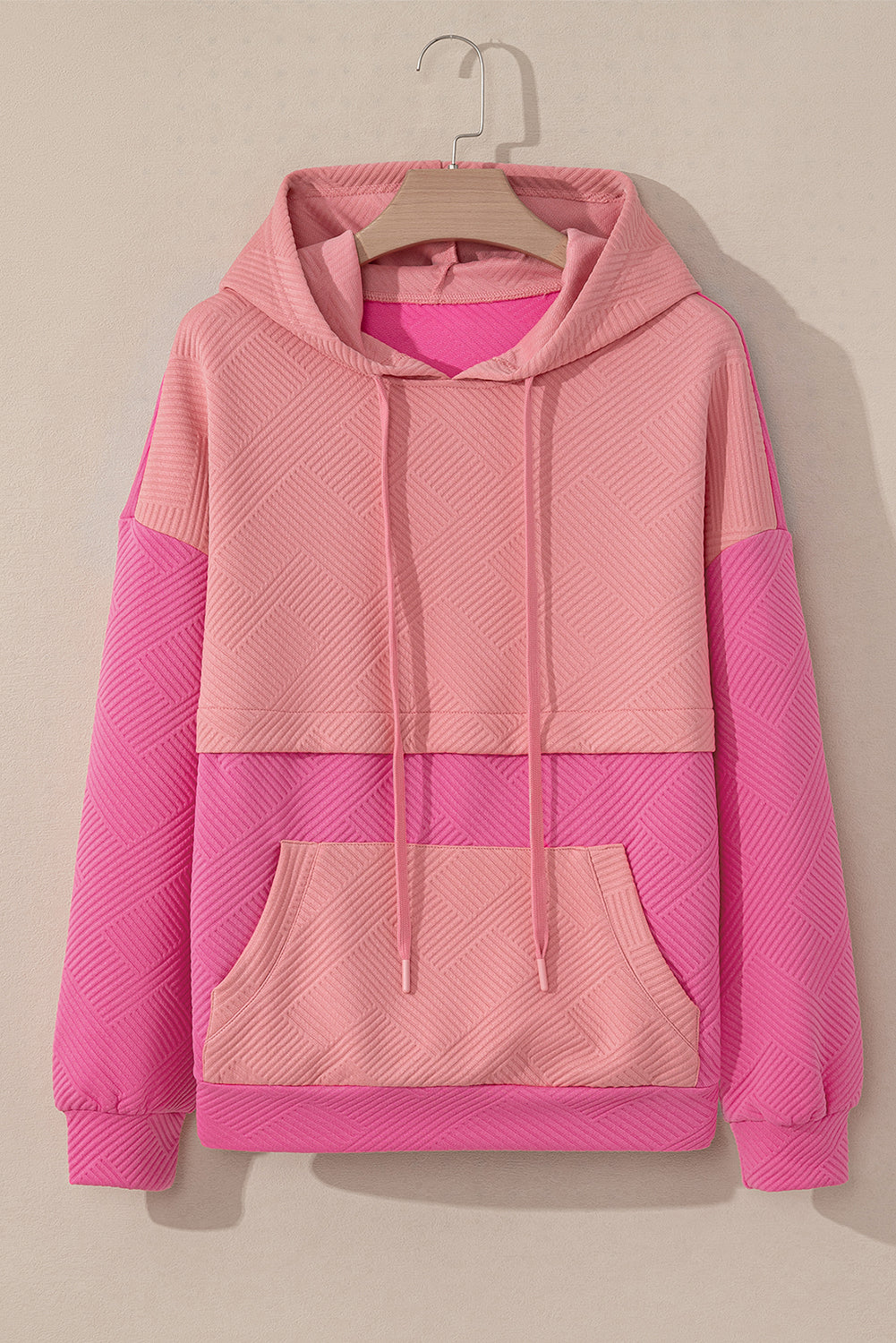 Pink Textured Patchwork Kangaroo Pocket Drop Shoulder Hoodie