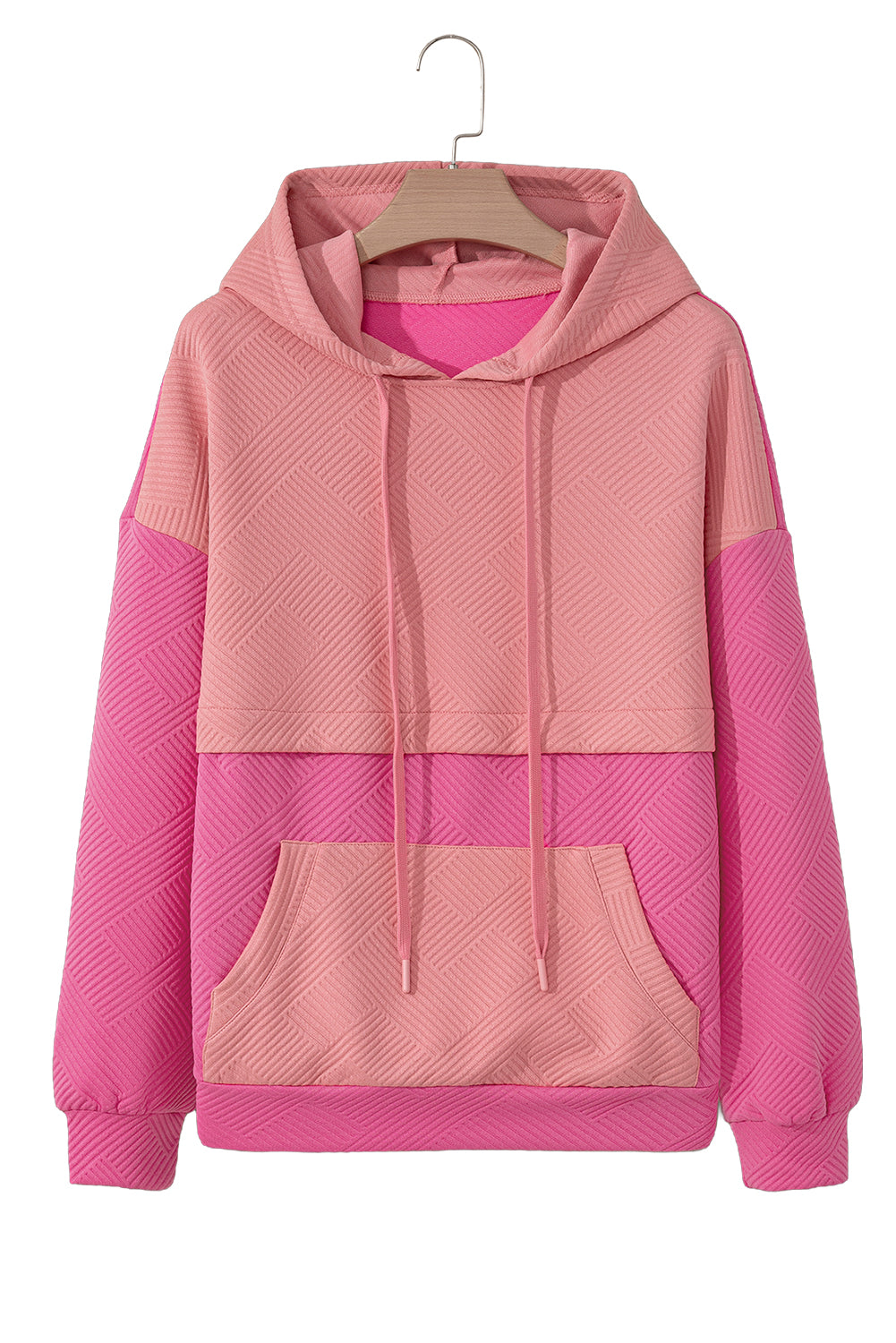 Pink Textured Patchwork Kangaroo Pocket Drop Shoulder Hoodie