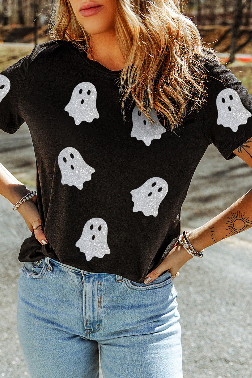 Black Glitter Ghost Pattern Crew Neck Halloween Graphic T Shirt