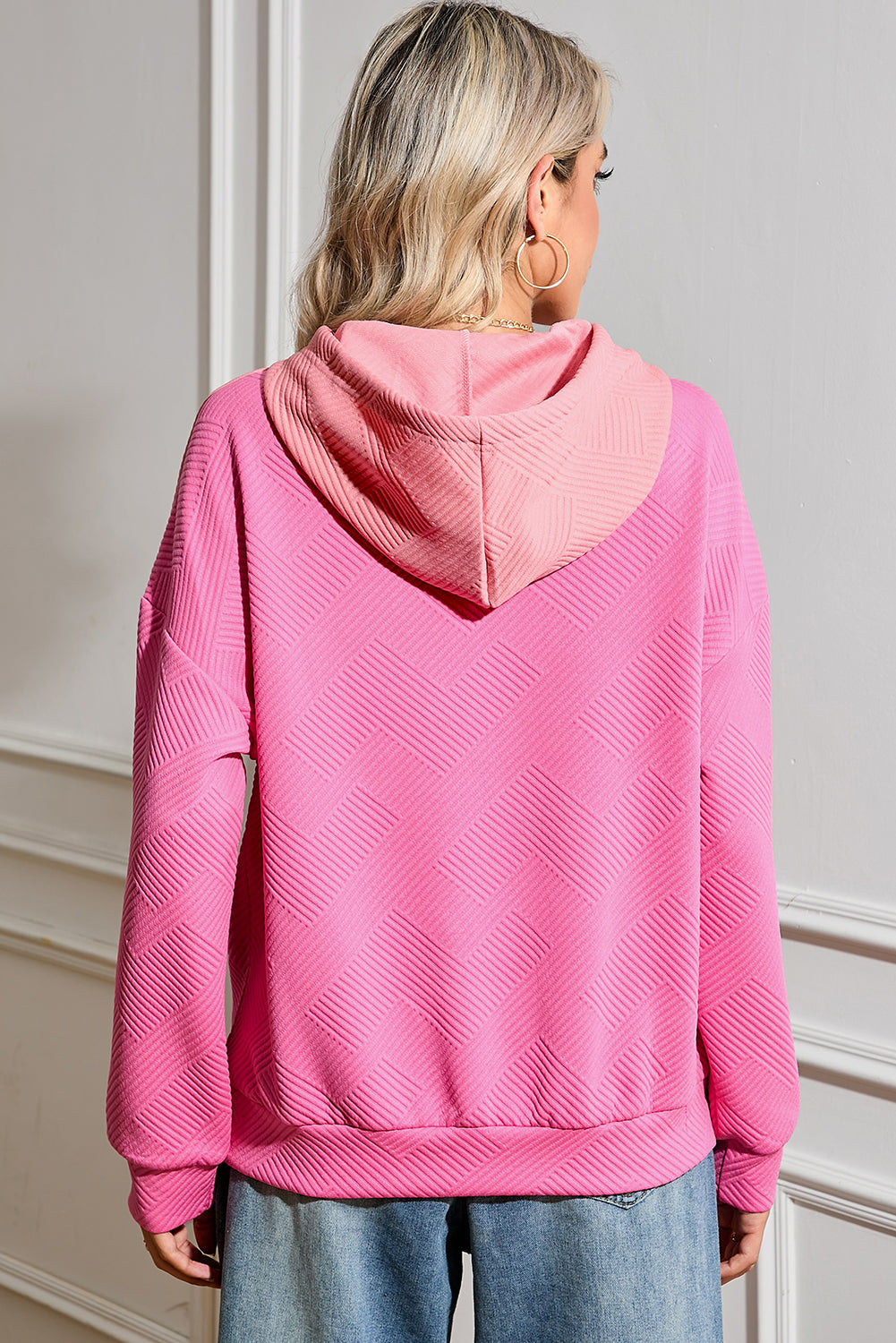 Pink Textured Patchwork Kangaroo Pocket Drop Shoulder Hoodie